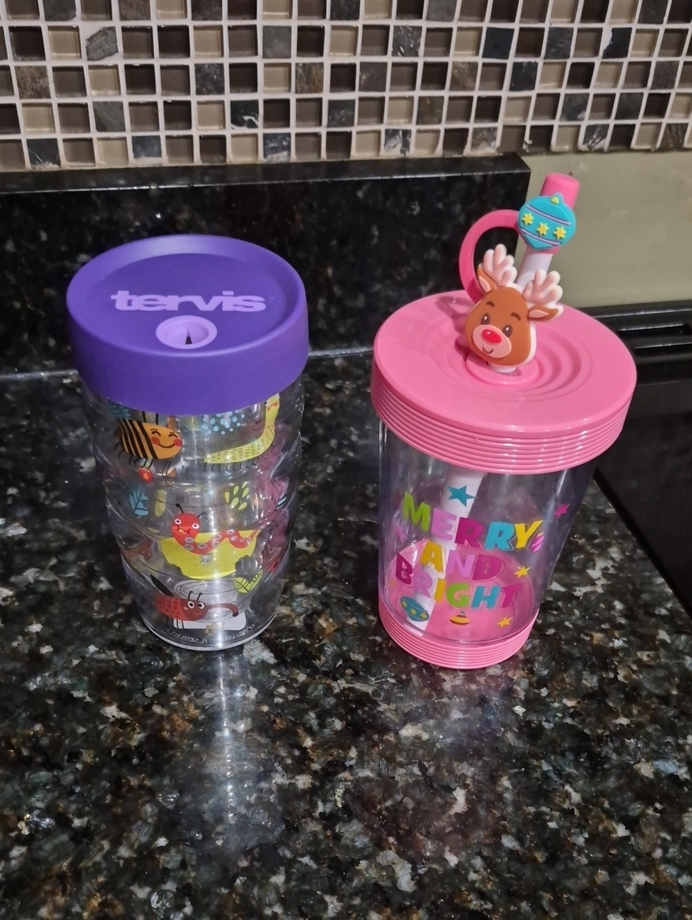 tervis Purple Lid Animal Tumbler & Pink Reindeer Straw Cup